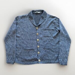 Inis Meain Pub Jacket Mens L 100% Washed Linen Cardigan Sweater Navy Mix